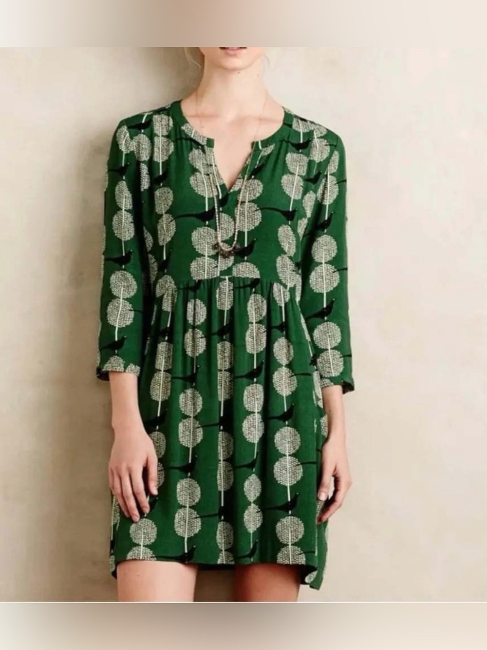 Maeve Anthropologie Devery Mini Tunic Dress in Green Pheasant Print size Small